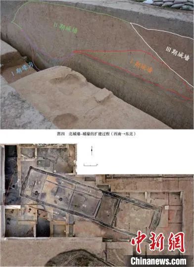 鸡叫城新石器时代遗址-城墙城壕的扩建过程(上)和大型房址(下)。中国社会科学院考古学论坛 供图